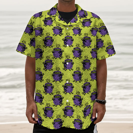 Halloween Witch Cauldron Pattern Print Textured Short Sleeve Shirt