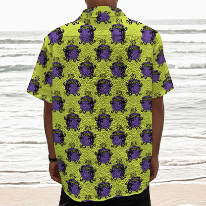 Halloween Witch Cauldron Pattern Print Textured Short Sleeve Shirt