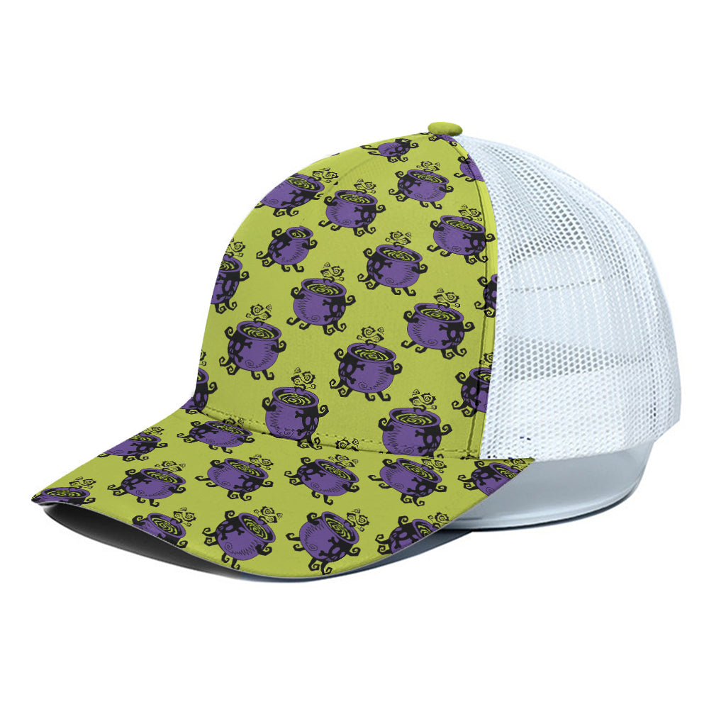Halloween Witch Cauldron Pattern Print White Mesh Trucker Cap