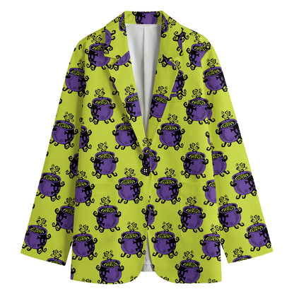 Halloween Witch Cauldron Pattern Print Women's Cotton Blazer