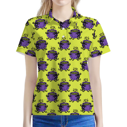 Halloween Witch Cauldron Pattern Print Women's Polo Shirt