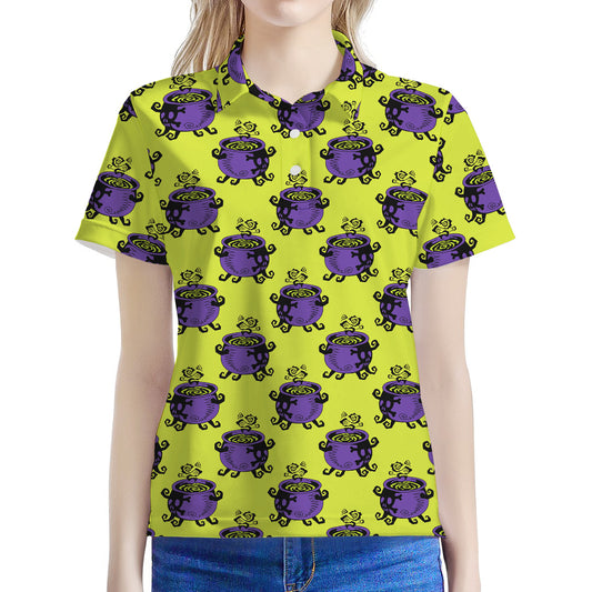 Halloween Witch Cauldron Pattern Print Women's Polo Shirt
