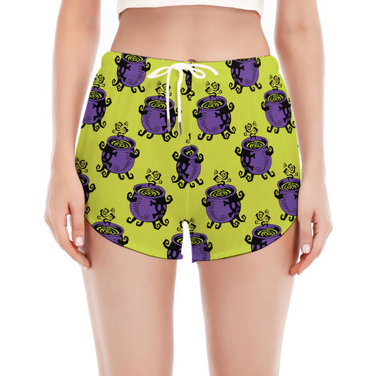 Halloween Witch Cauldron Pattern Print Women's Split Running Shorts