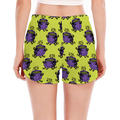 Halloween Witch Cauldron Pattern Print Women's Split Running Shorts