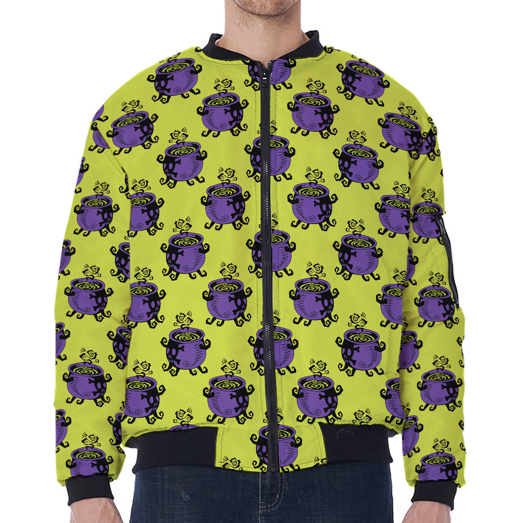Halloween Witch Cauldron Pattern Print Zip Sleeve Bomber Jacket