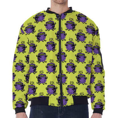 Halloween Witch Cauldron Pattern Print Zip Sleeve Bomber Jacket