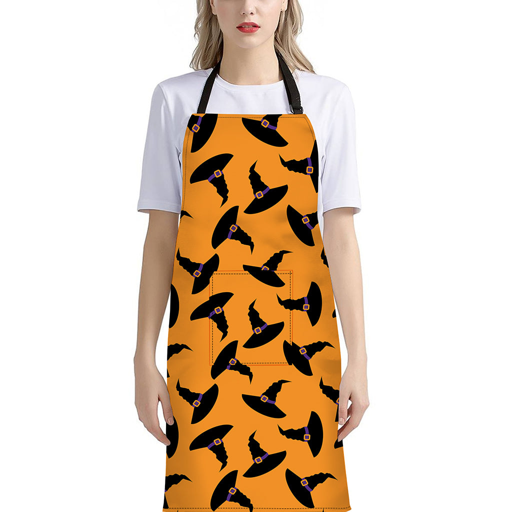 Halloween Witch Hat Pattern Print Bib Apron With Pocket