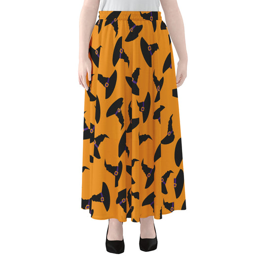 Halloween Witch Hat Pattern Print Chiffon Maxi Skirt