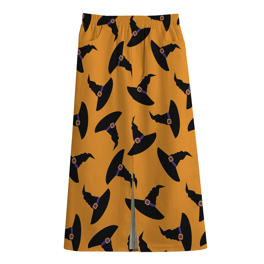 Halloween Witch Hat Pattern Print Cotton Front Slit Maxi Skirt