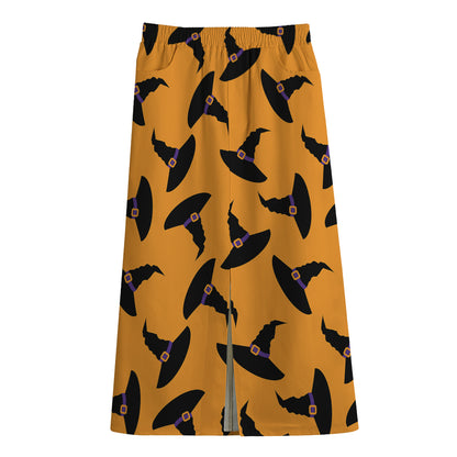 Halloween Witch Hat Pattern Print Cotton Front Slit Maxi Skirt