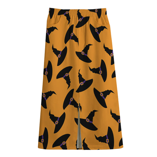 Halloween Witch Hat Pattern Print Cotton Front Slit Maxi Skirt