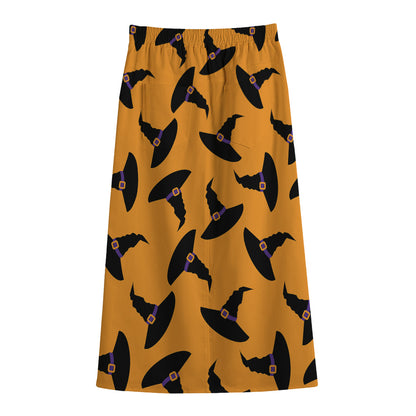 Halloween Witch Hat Pattern Print Cotton Front Slit Maxi Skirt