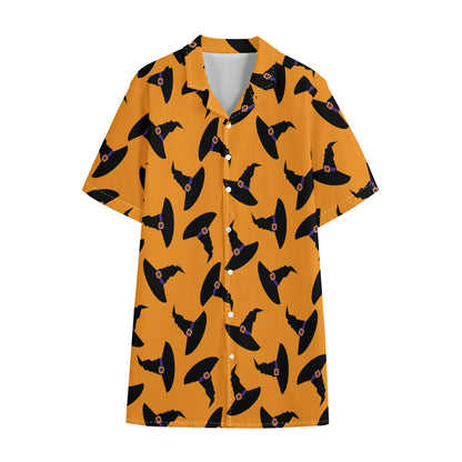 Halloween Witch Hat Pattern Print Cotton Hawaiian Shirt