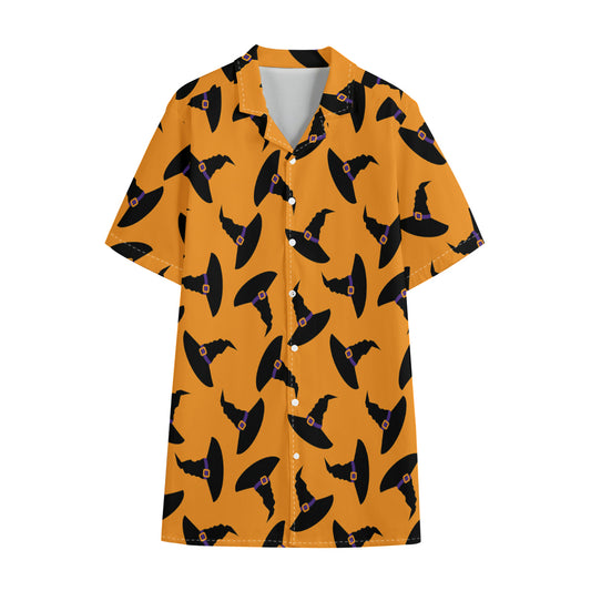 Halloween Witch Hat Pattern Print Cotton Hawaiian Shirt