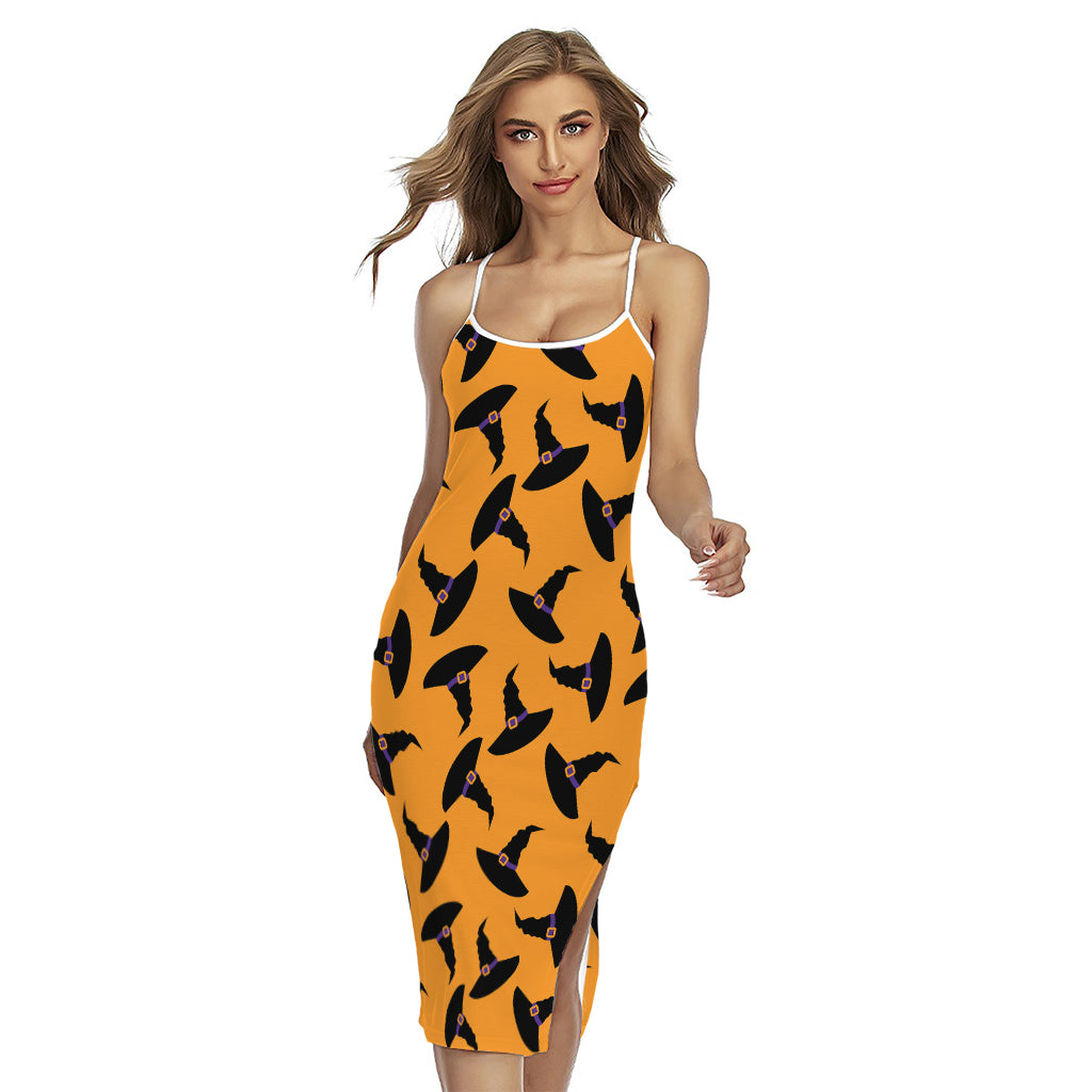 Halloween Witch Hat Pattern Print Cross Back Cami Dress