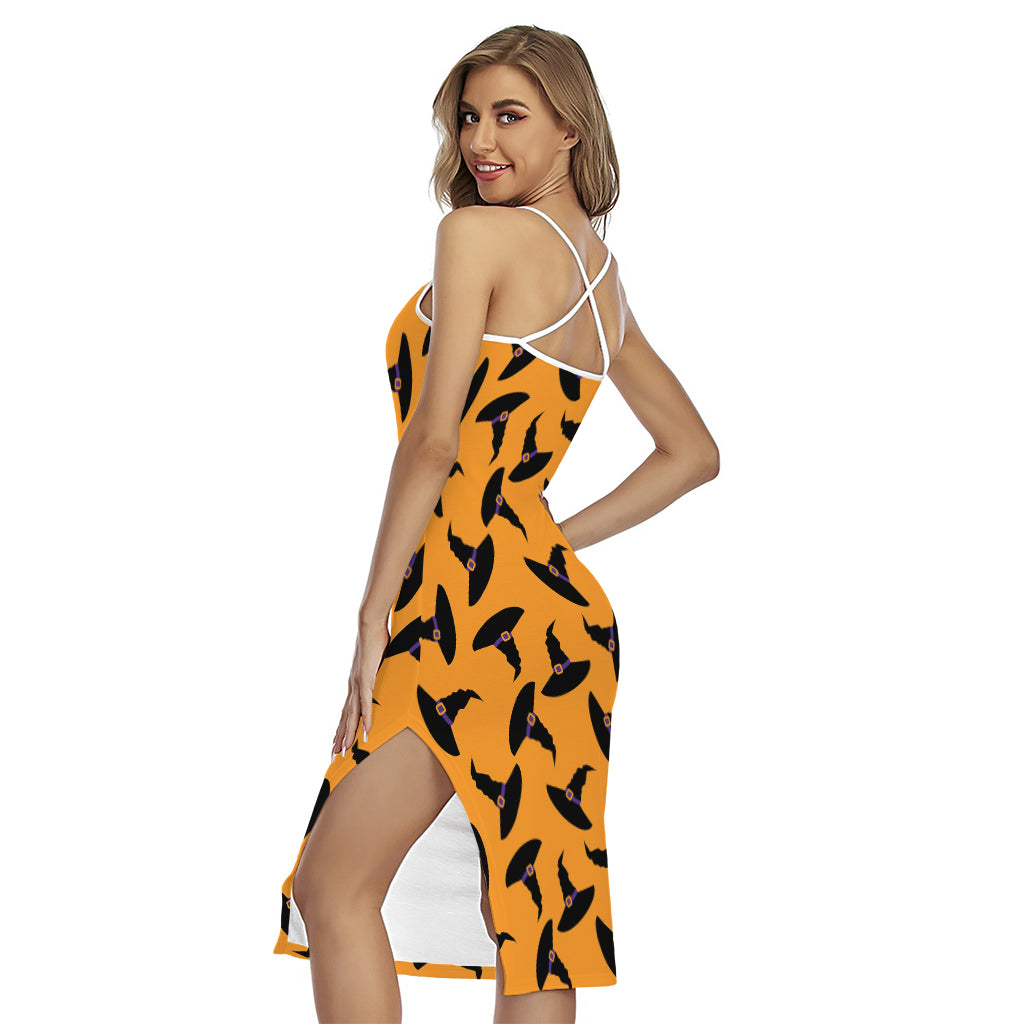 Halloween Witch Hat Pattern Print Cross Back Cami Dress