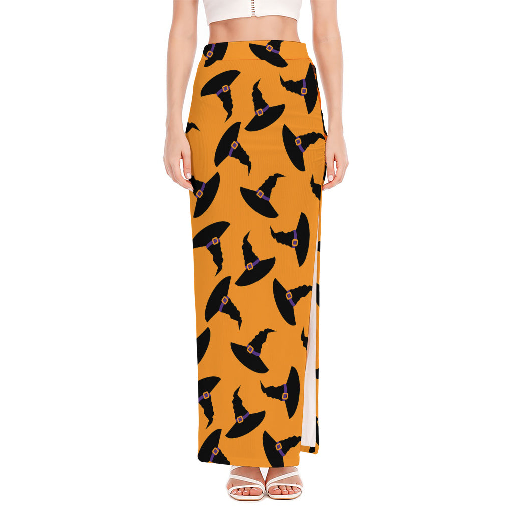 Halloween Witch Hat Pattern Print High Slit Maxi Skirt
