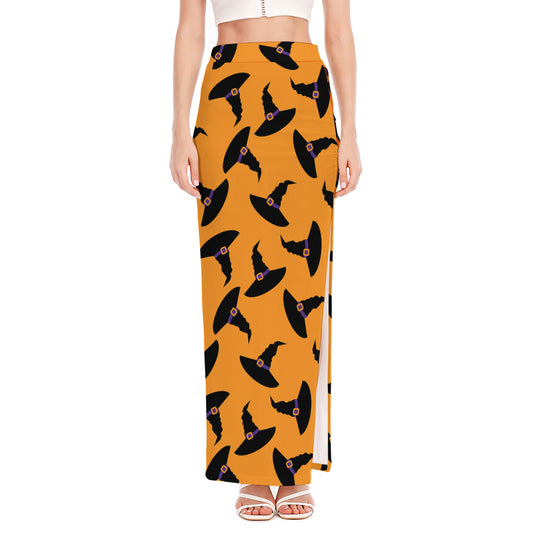 Halloween Witch Hat Pattern Print High Slit Maxi Skirt