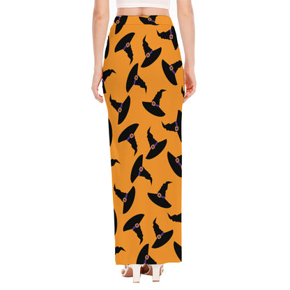 Halloween Witch Hat Pattern Print High Slit Maxi Skirt