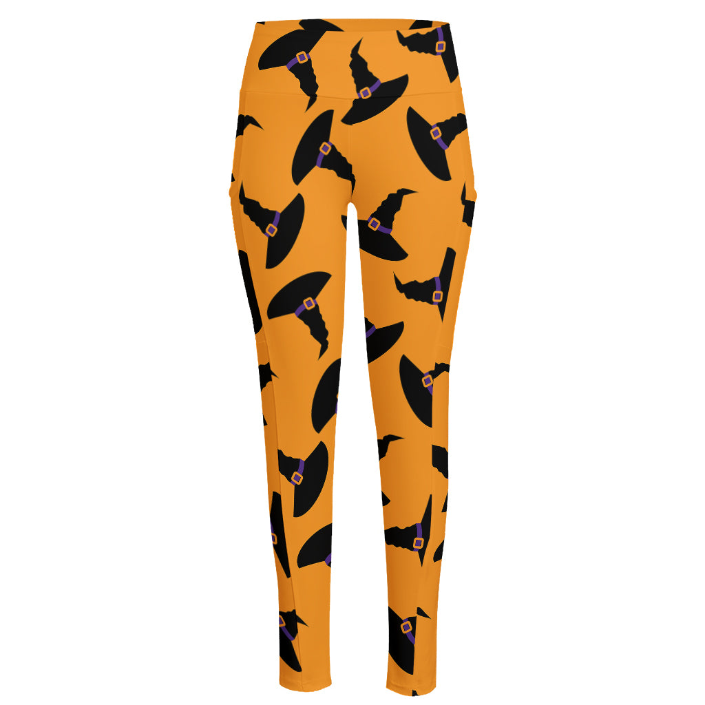 Halloween Witch Hat Pattern Print High-Waisted Pocket Leggings