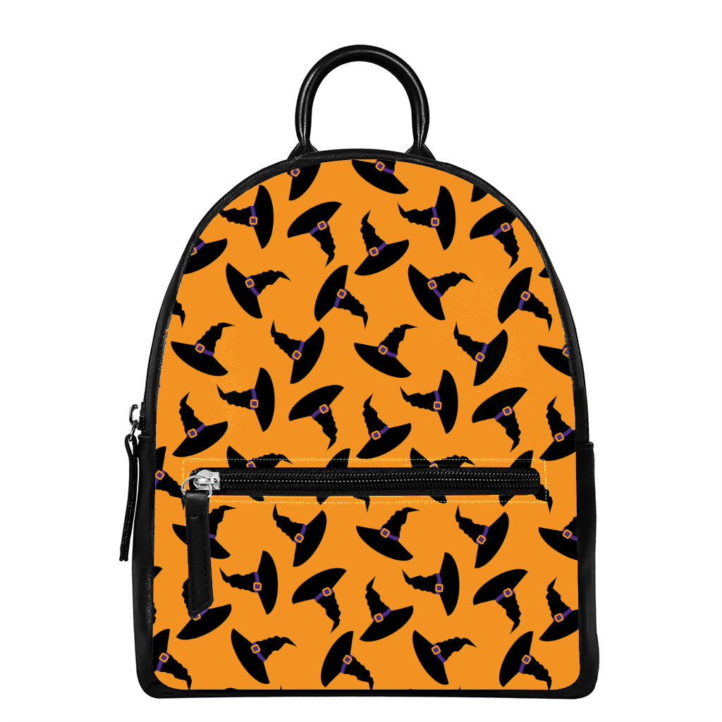 Halloween Witch Hat Pattern Print Leather Backpack