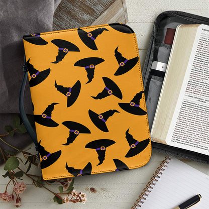 Halloween Witch Hat Pattern Print Leather Bible Cover