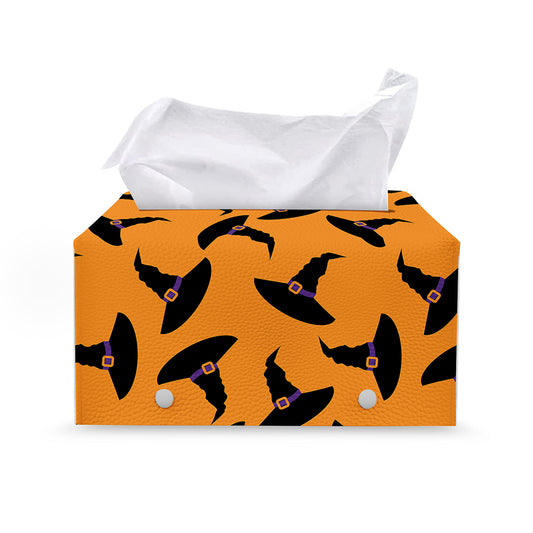 Halloween Witch Hat Pattern Print Leather Tissue Box Cover