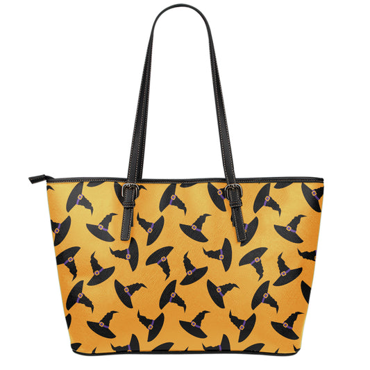 Halloween Witch Hat Pattern Print Leather Tote Bag