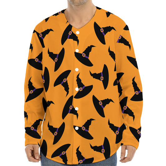 Halloween Witch Hat Pattern Print Long Sleeve Baseball Jersey