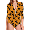 Halloween Witch Hat Pattern Print Long Sleeve Swimsuit