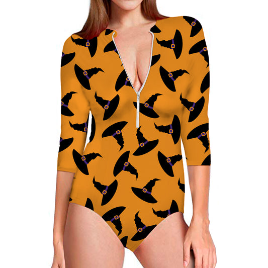 Halloween Witch Hat Pattern Print Long Sleeve Swimsuit