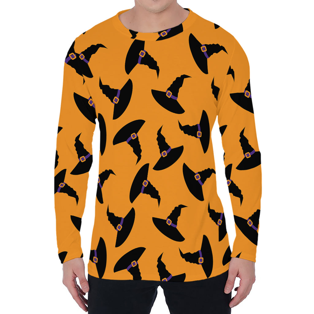 Halloween Witch Hat Pattern Print Men's Long Sleeve T-Shirt