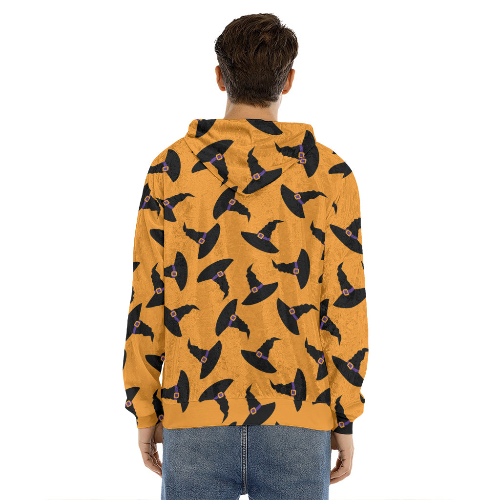 Halloween Witch Hat Pattern Print Men's Velvet Pullover Hoodie