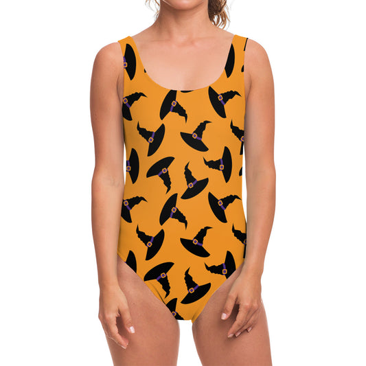 Halloween Witch Hat Pattern Print One Piece Swimsuit