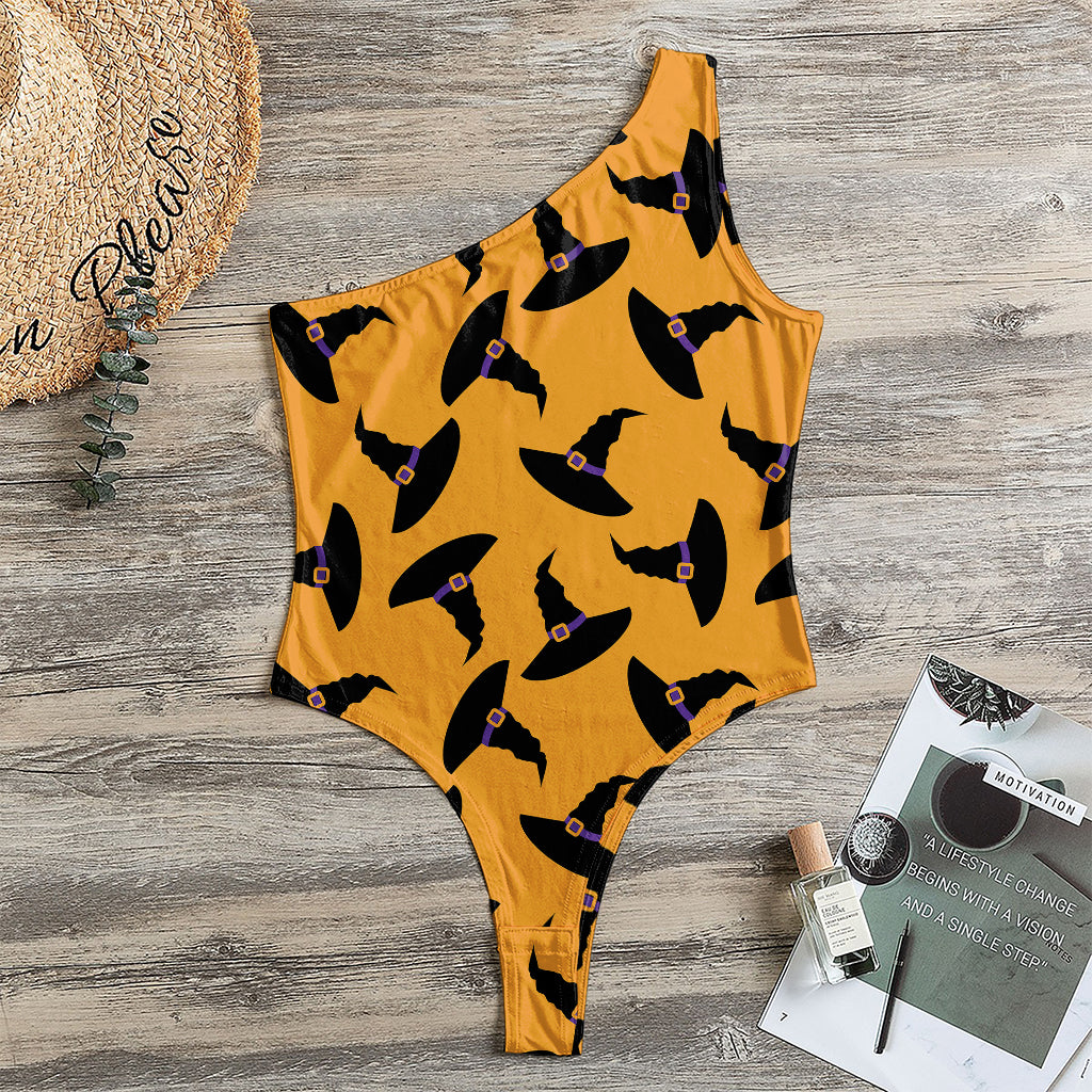 Halloween Witch Hat Pattern Print One Shoulder Bodysuit