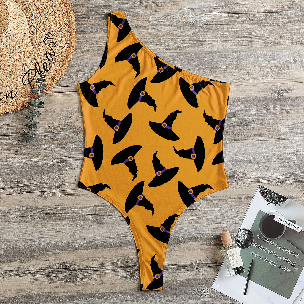 Halloween Witch Hat Pattern Print One Shoulder Bodysuit