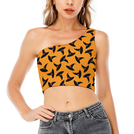 Halloween Witch Hat Pattern Print One Shoulder Crop Top