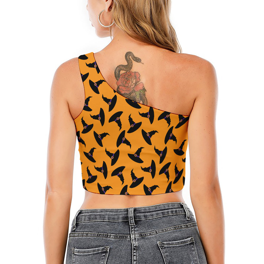 Halloween Witch Hat Pattern Print One Shoulder Crop Top