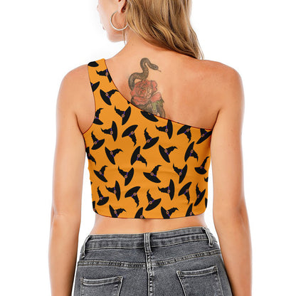 Halloween Witch Hat Pattern Print One Shoulder Crop Top