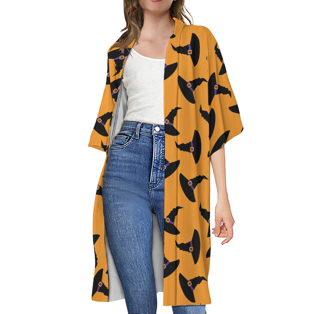 Halloween Witch Hat Pattern Print Open Front Beach Cover Up