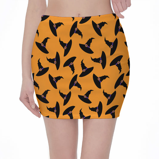 Halloween Witch Hat Pattern Print Pencil Mini Skirt