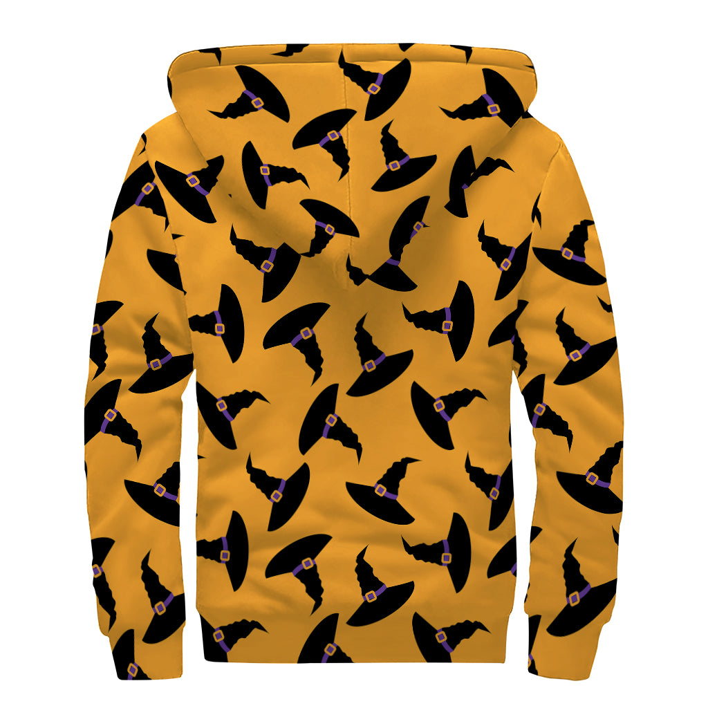 Halloween Witch Hat Pattern Print Sherpa Lined Zip Up Hoodie