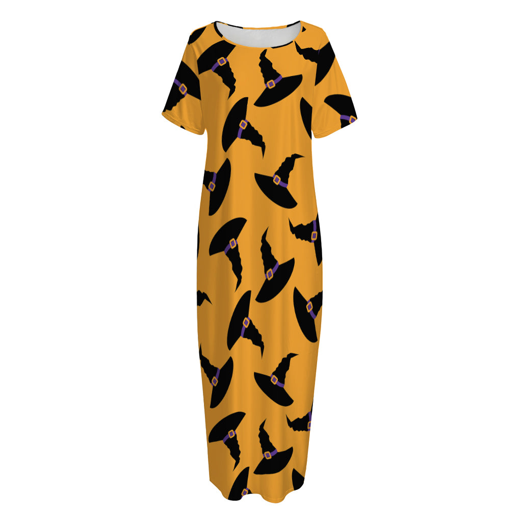 Halloween Witch Hat Pattern Print Short Sleeve Long Nightdress