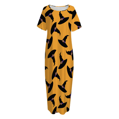 Halloween Witch Hat Pattern Print Short Sleeve Long Nightdress
