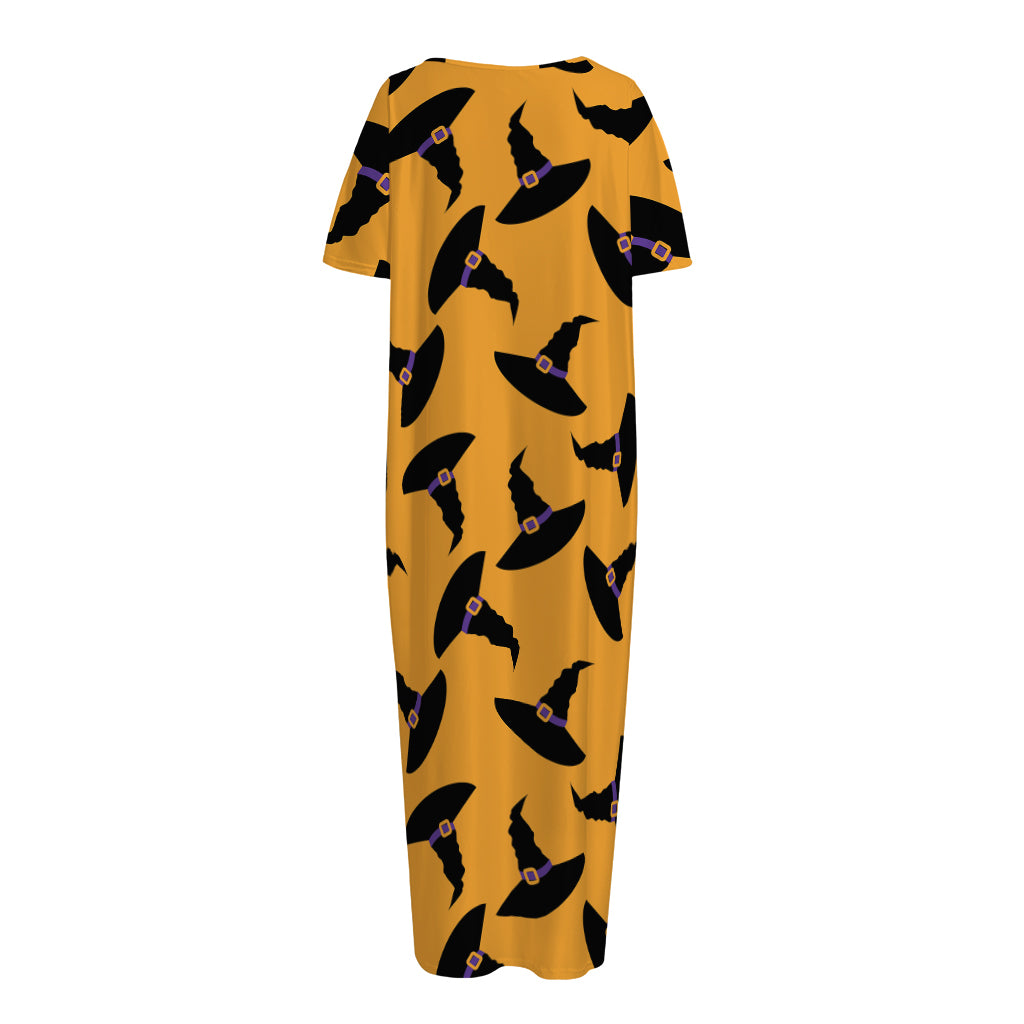 Halloween Witch Hat Pattern Print Short Sleeve Long Nightdress