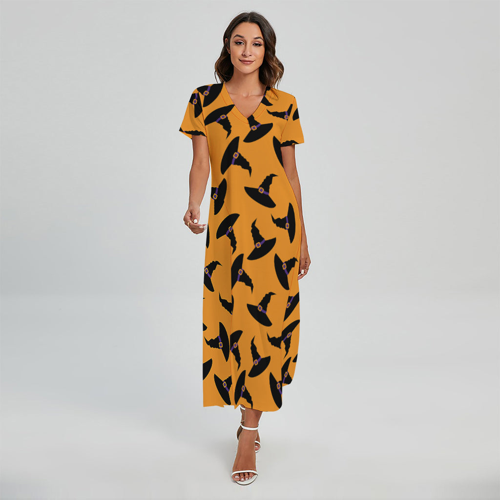 Halloween Witch Hat Pattern Print Short Sleeve Maxi Dress