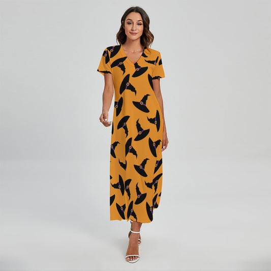 Halloween Witch Hat Pattern Print Short Sleeve Maxi Dress