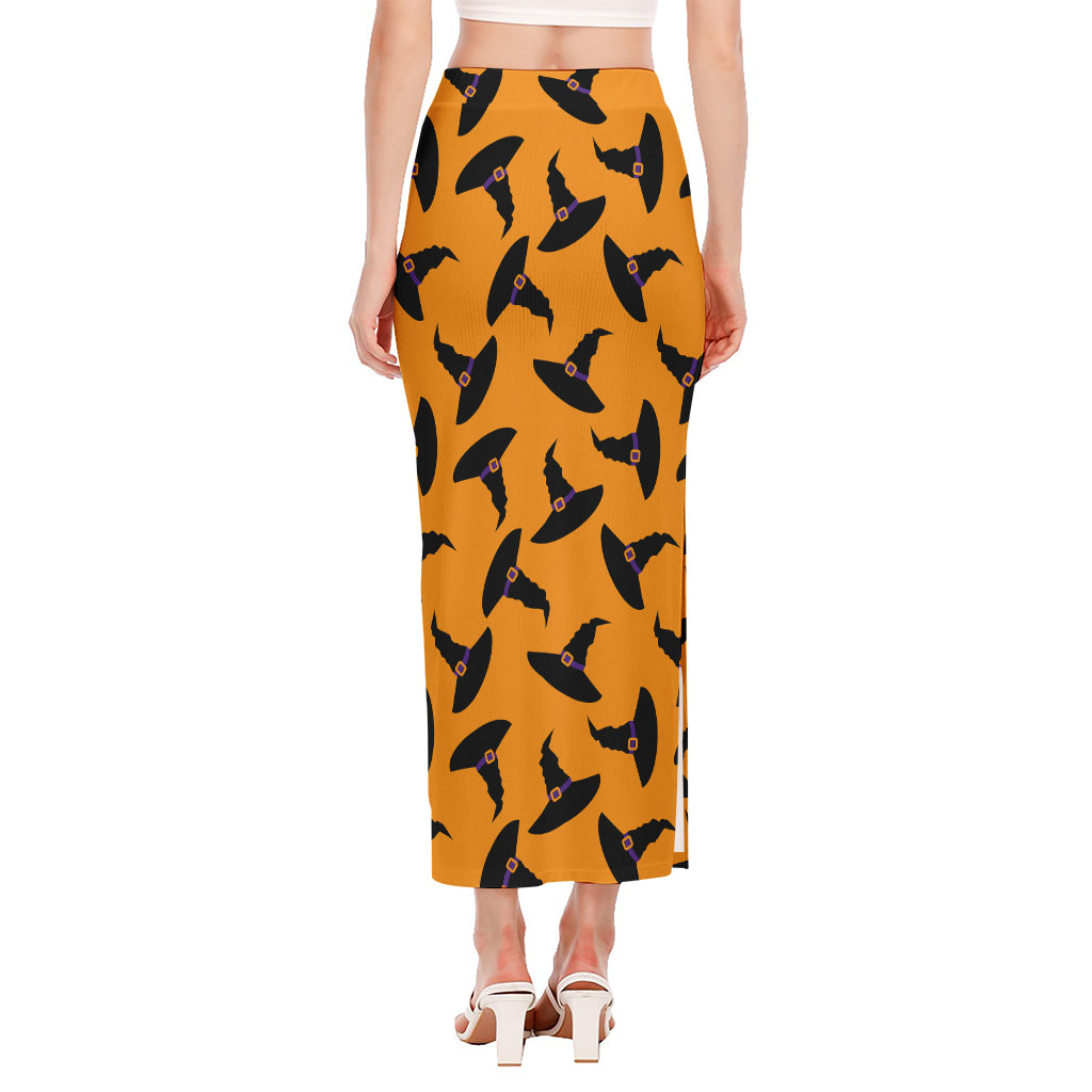 Halloween Witch Hat Pattern Print Side Slit Maxi Skirt