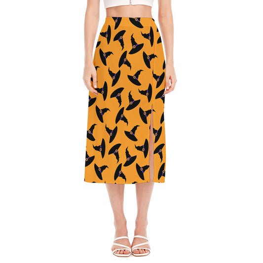 Halloween Witch Hat Pattern Print Side Slit Midi Skirt