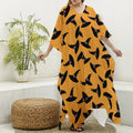 Halloween Witch Hat Pattern Print Silk V-Neck Kaftan Dress